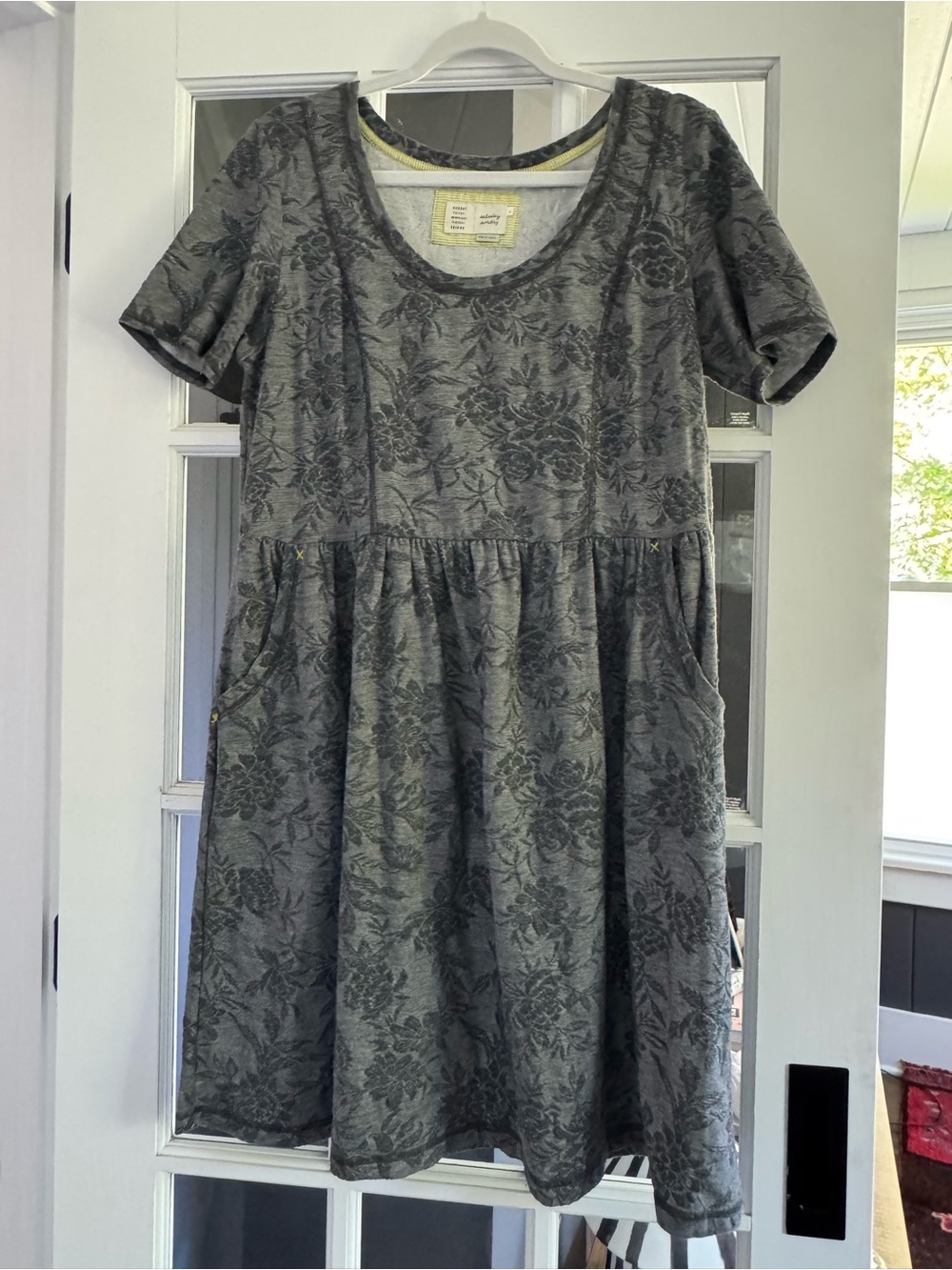 Anthropologie Short-Sleeve Gray Floral Textured Mini Dress with Pockets